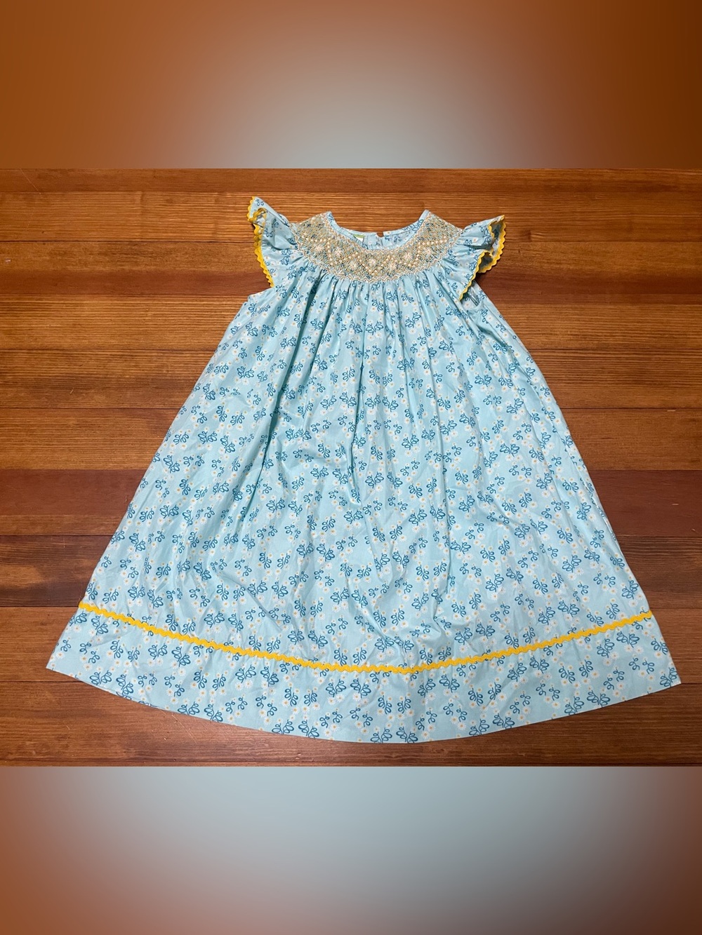 Candyland Hand Smocked Blue & Yellow Daisy Dress w Scalloped Trim Size 4T